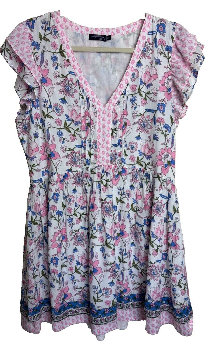 Vineyard Vines Women's Pink Nora Pintuck Flutter Sleeve Dress Size Large Floral